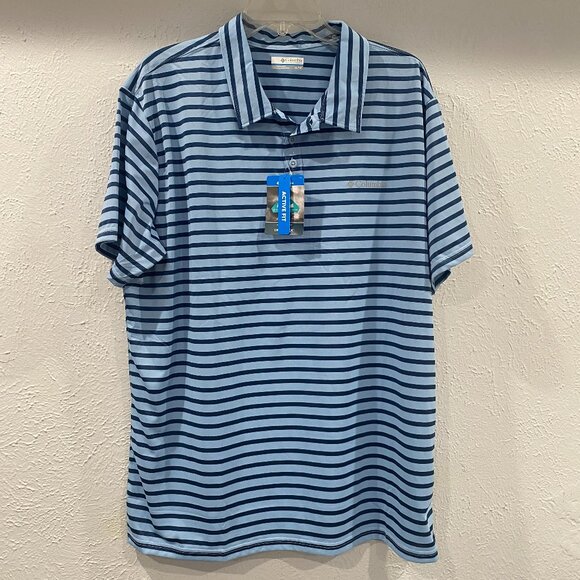 Columbia, NWT, Hiking Striped Polo, men's  size XL, in light blue and navy. - Picture 1 of 7